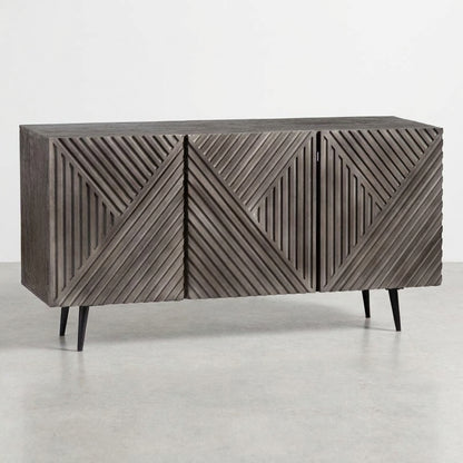 Gray sideboard with textured, geometric doors open, revealing interior shelves.