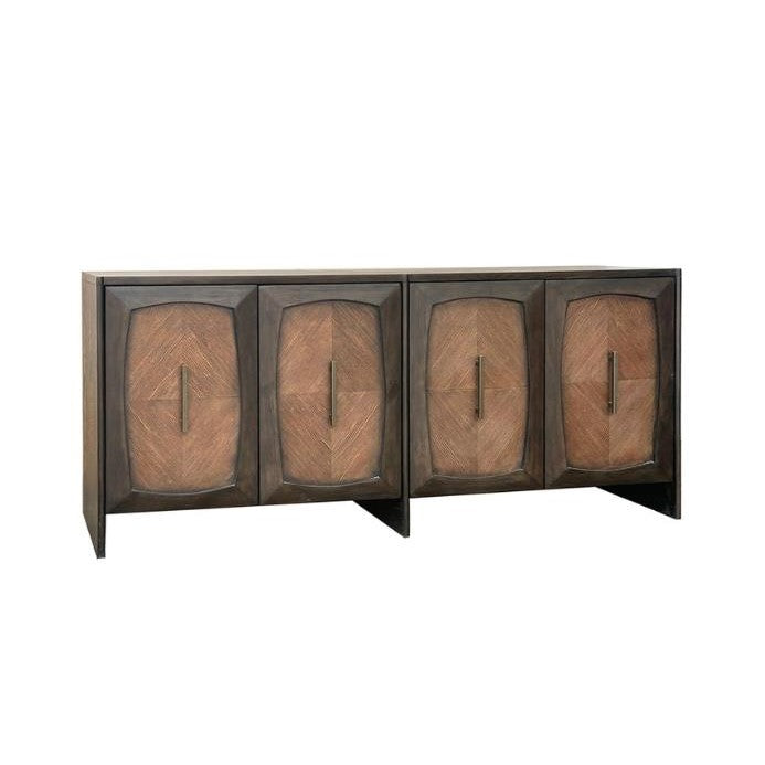 Dark wood sideboard with four textured doors and sleek handles.