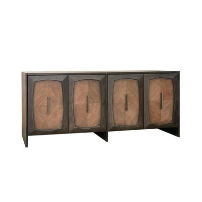 Dark wood sideboard with four textured doors and sleek handles.