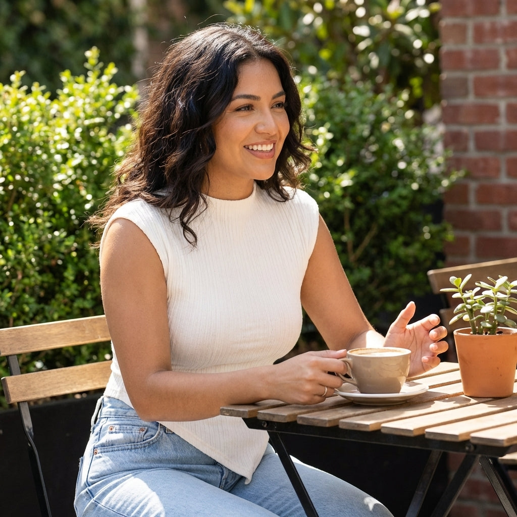 Woman enjoying coffee at an outdoor cafe table.