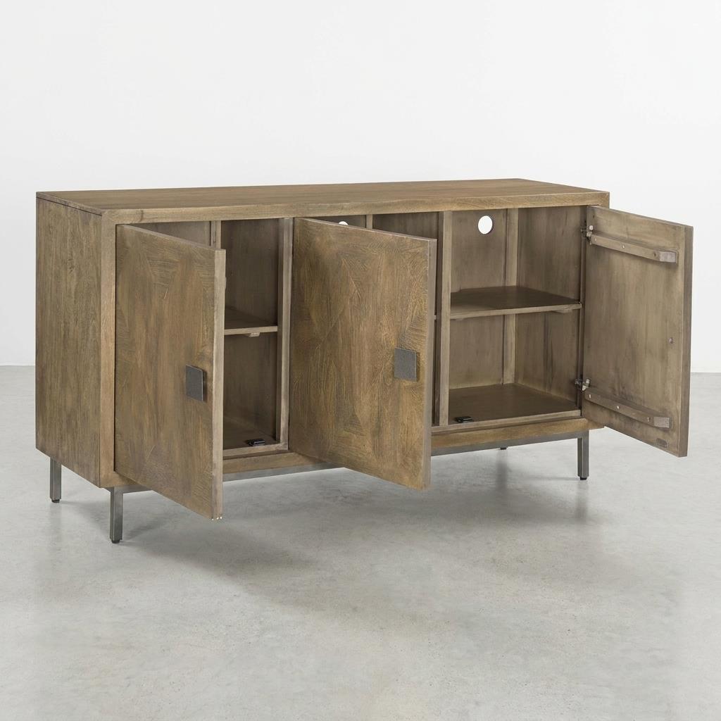 Wooden sideboard with three open cabinet doors and metal legs.