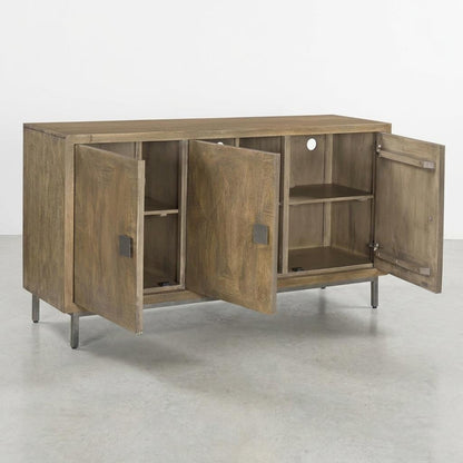 Wooden sideboard with three open cabinet doors and metal legs.