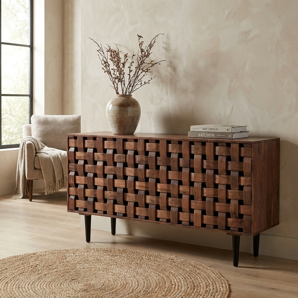 Woven wood sideboard with black legs, featuring a geometric design.