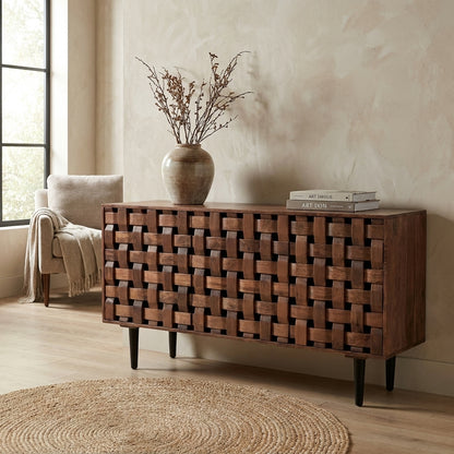 Woven wood sideboard with black legs, featuring a geometric design.