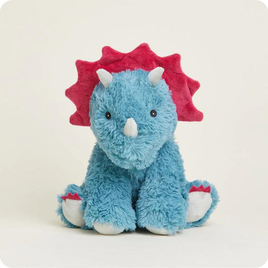 Plush blue triceratops toy with a red frill, sitting against a light background.