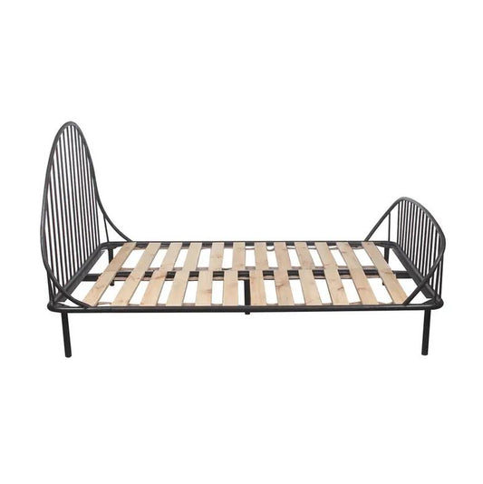 Metal bed frame with wooden slats and curved head and foot.