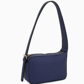 Sleek navy shoulder bag with gold zipper detailing.