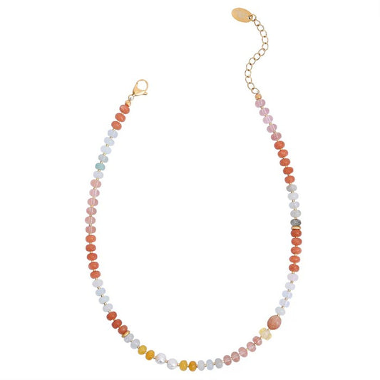 Colorful beaded necklace with gold clasp and extender chain.
