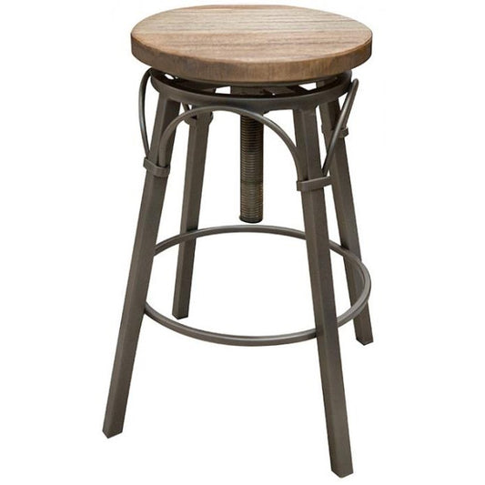 Industrial-style stool with wooden seat and metal legs.