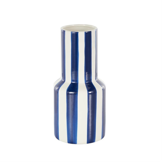 Blue and white striped ceramic vase.