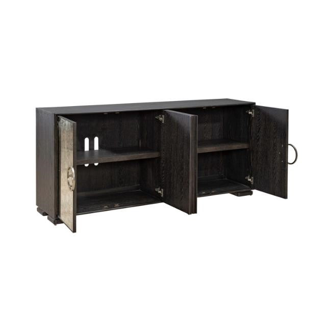 Dark wooden console with two open cabinet doors and metal hardware.