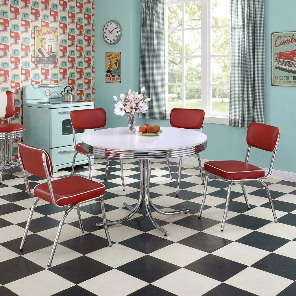 Retro dining room with red chairs, diner-inspired decor, and checkered floor.