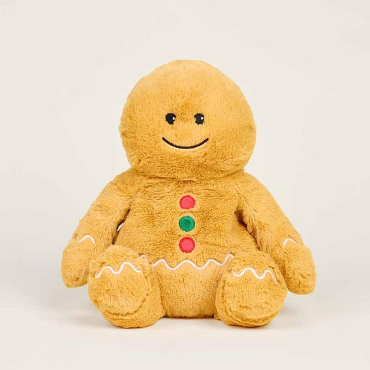 Cute gingerbread plush toy with colorful buttons.