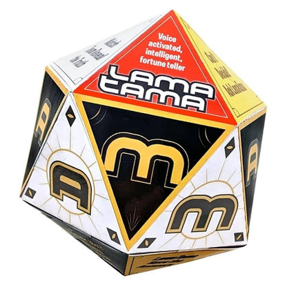 Geometric, voice-activated fortune teller packaging with bold letters and colors.