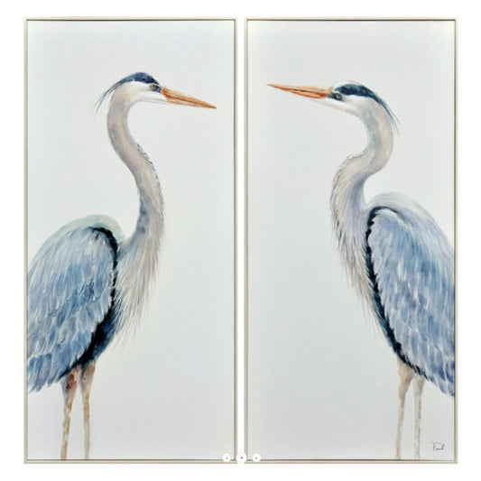 Two heron illustrations facing each other.