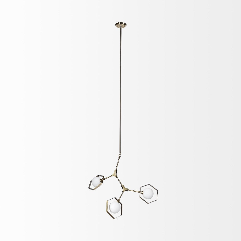 Modern chandelier with three hexagonal lights on a brass fixture.