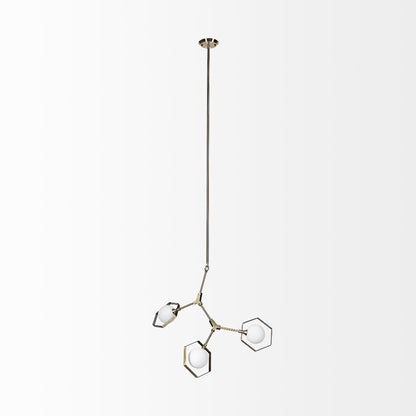 Modern chandelier with three hexagonal lights on a brass fixture.