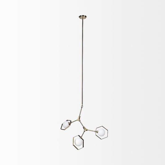 Modern chandelier with three hexagonal lights on a brass fixture.