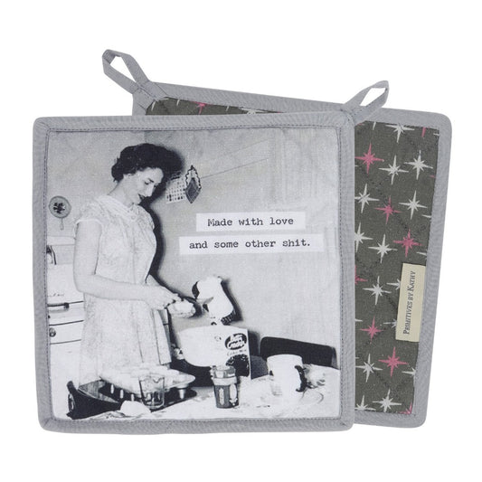 Retro kitchen scene with humorous text on a gray pot holder.