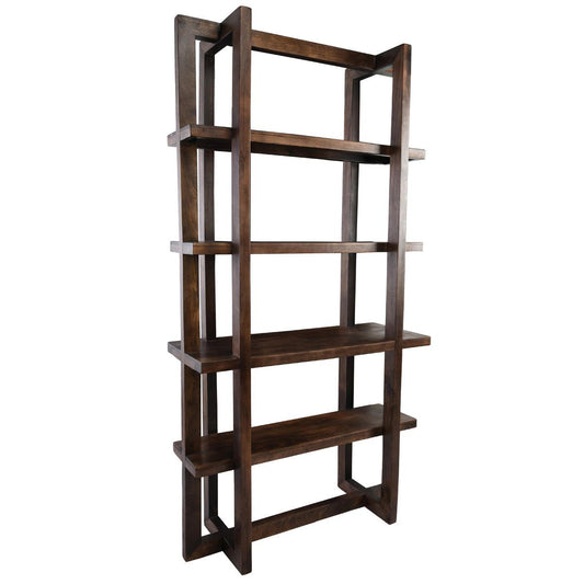 Wooden bookshelf with five open shelves, dark brown finish.