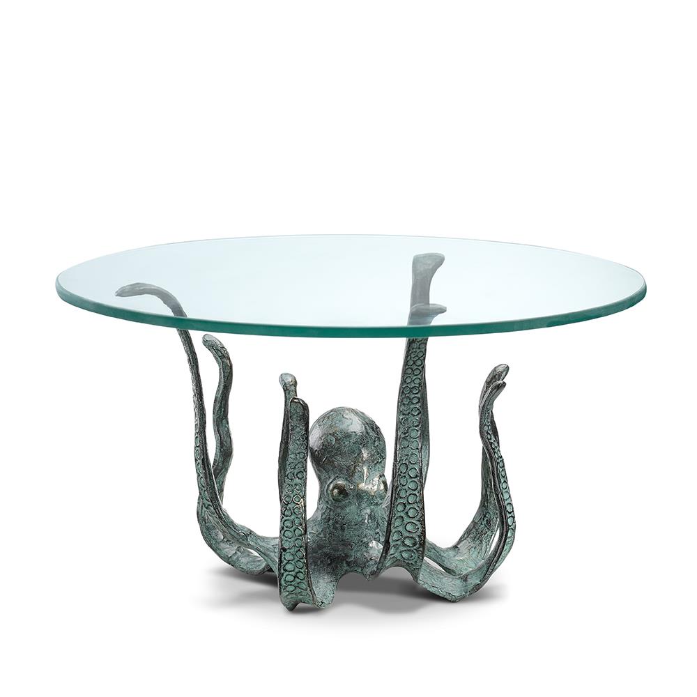 Glass table with octopus-shaped metal base.