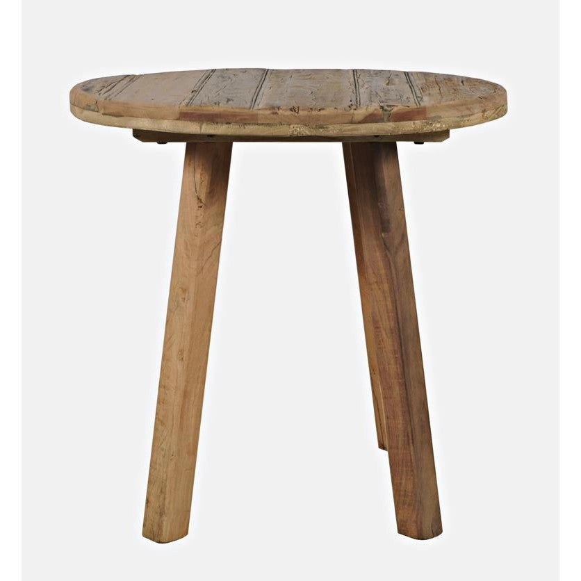 Round wooden table with three sturdy legs.