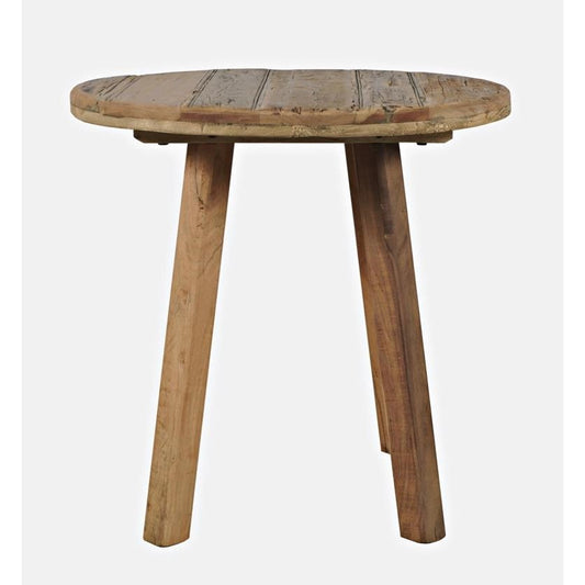 Round wooden table with three sturdy legs.