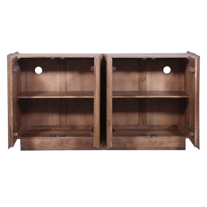 Open wooden cabinet with shelves and circular cutouts.