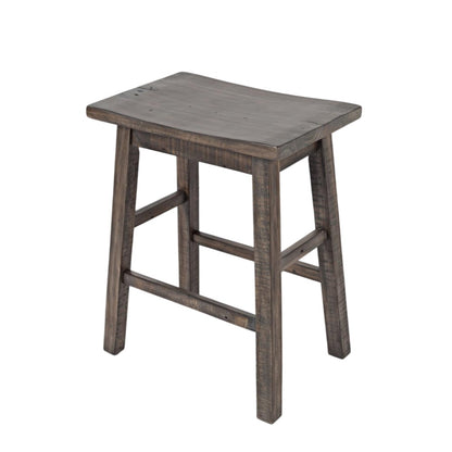 Rustic wooden stool with a contoured seat and sturdy legs.