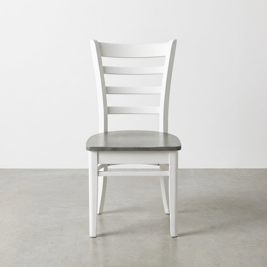 White chair with a wooden seat, set against a minimalist background.