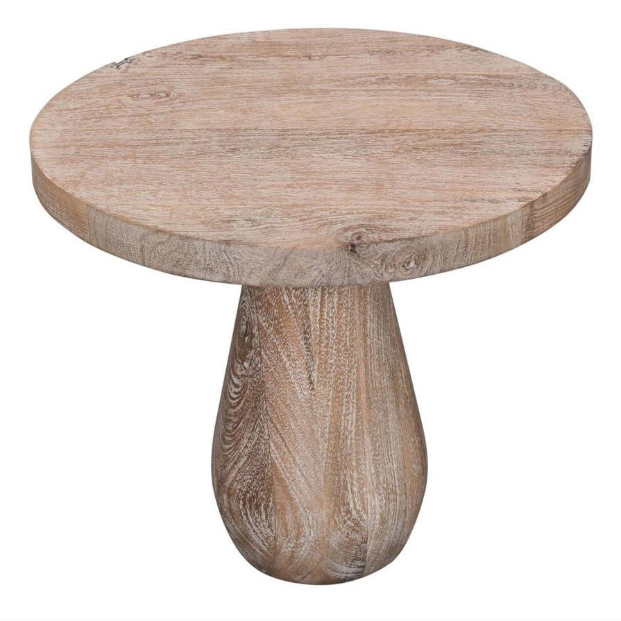 Wooden round table with a conical base.