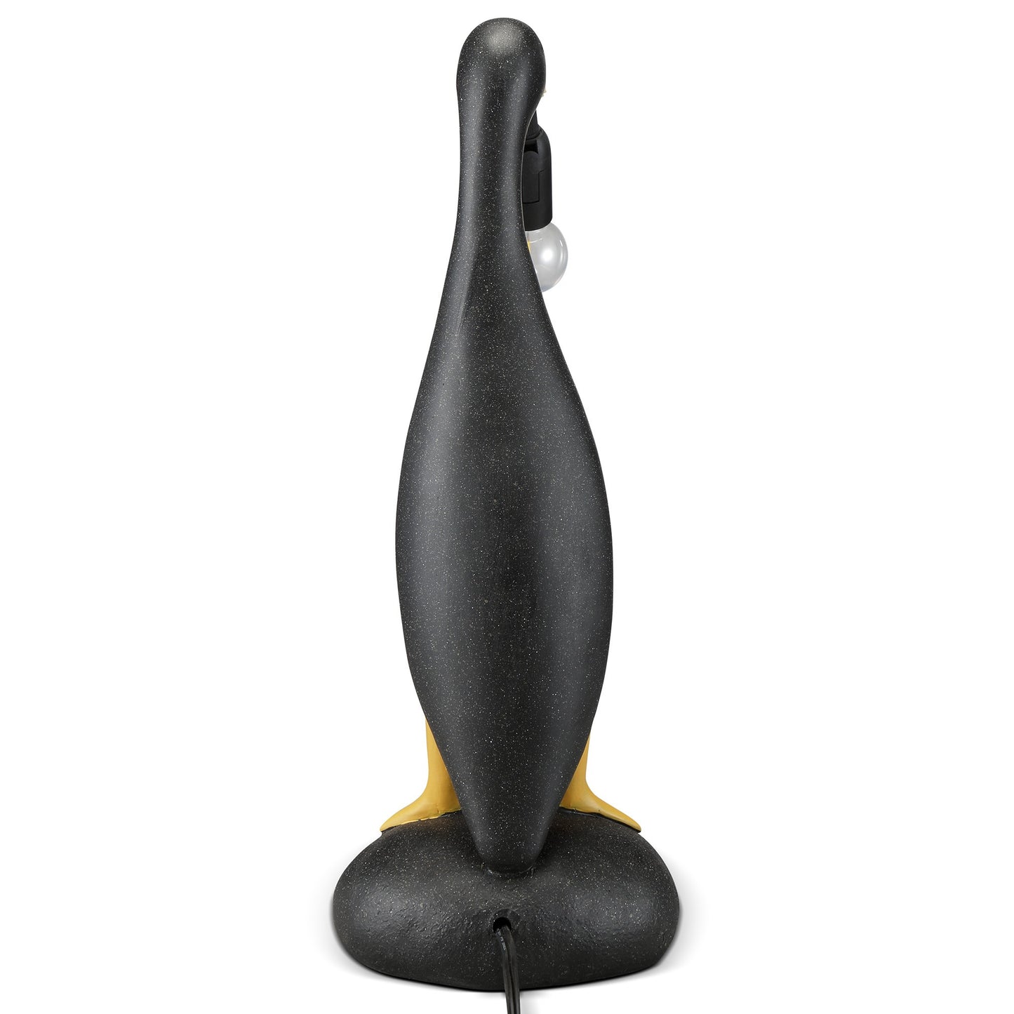 A black penguin-shaped lamp viewed from the back.