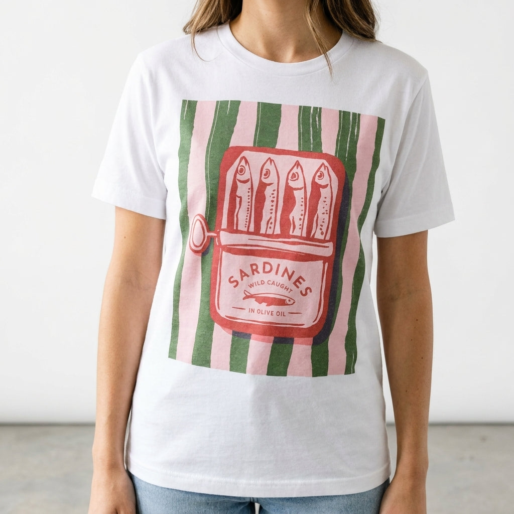 Person in a sardine graphic T-shirt with pink and green stripes.