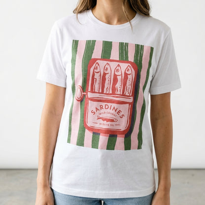Person in a sardine graphic T-shirt with pink and green stripes.