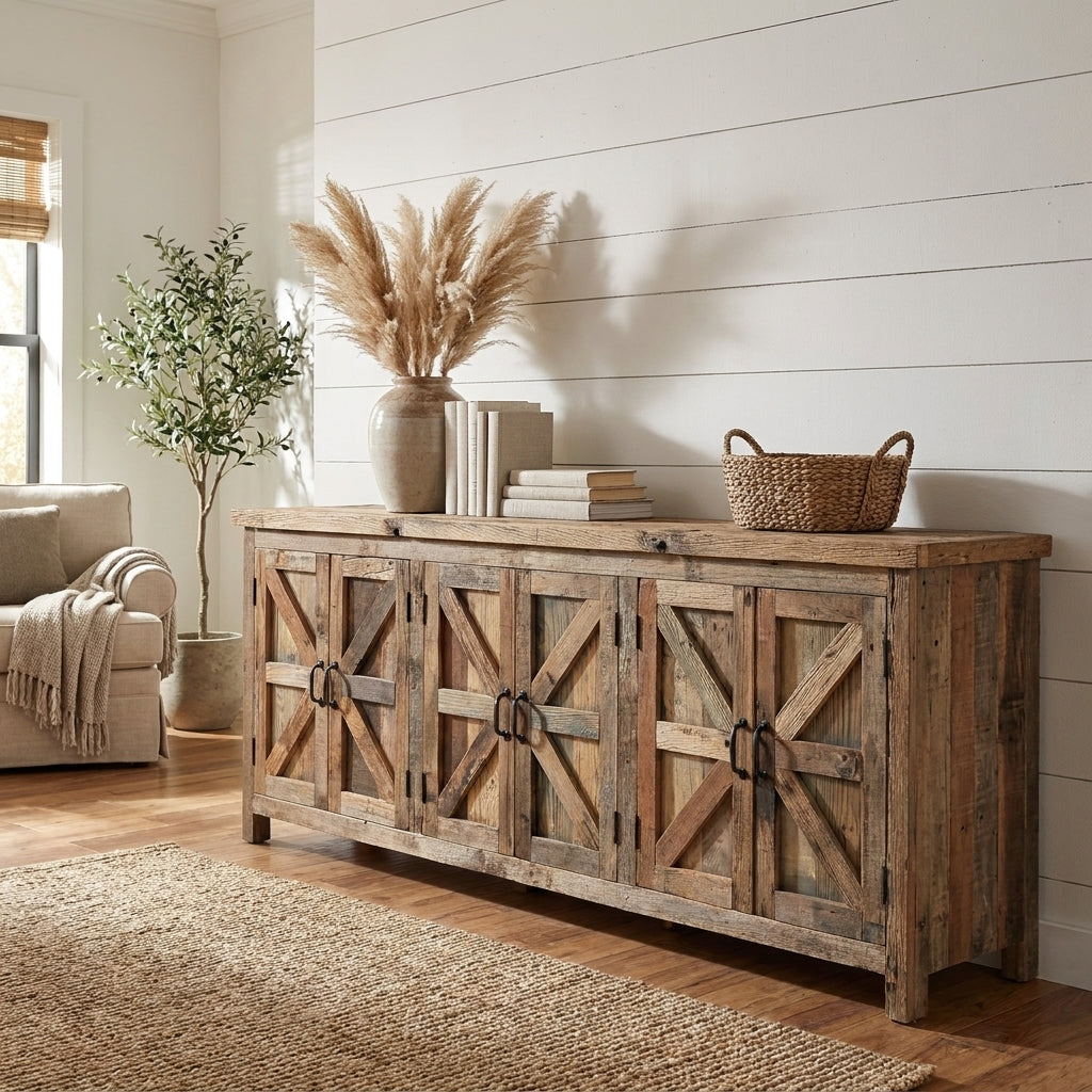 Rustic wooden sideboard with barn-style doors and metal handles.