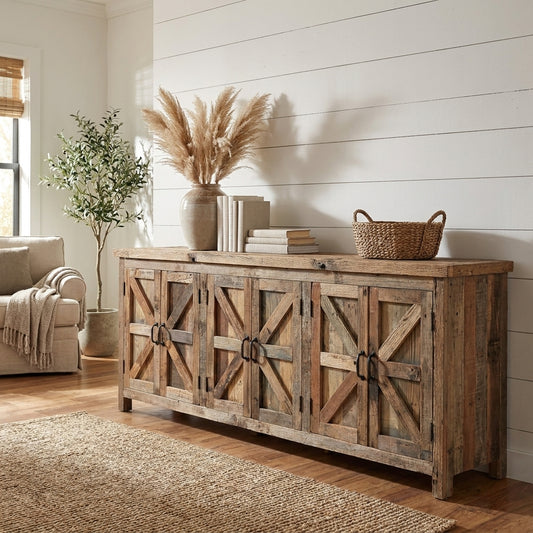 Rustic wooden sideboard with barn-style doors and metal handles.