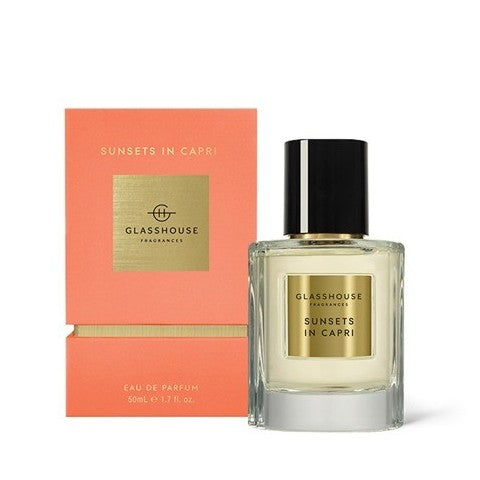 Perfume bottle with matching box labeled "Sunsets in Capri" by Glasshouse.
