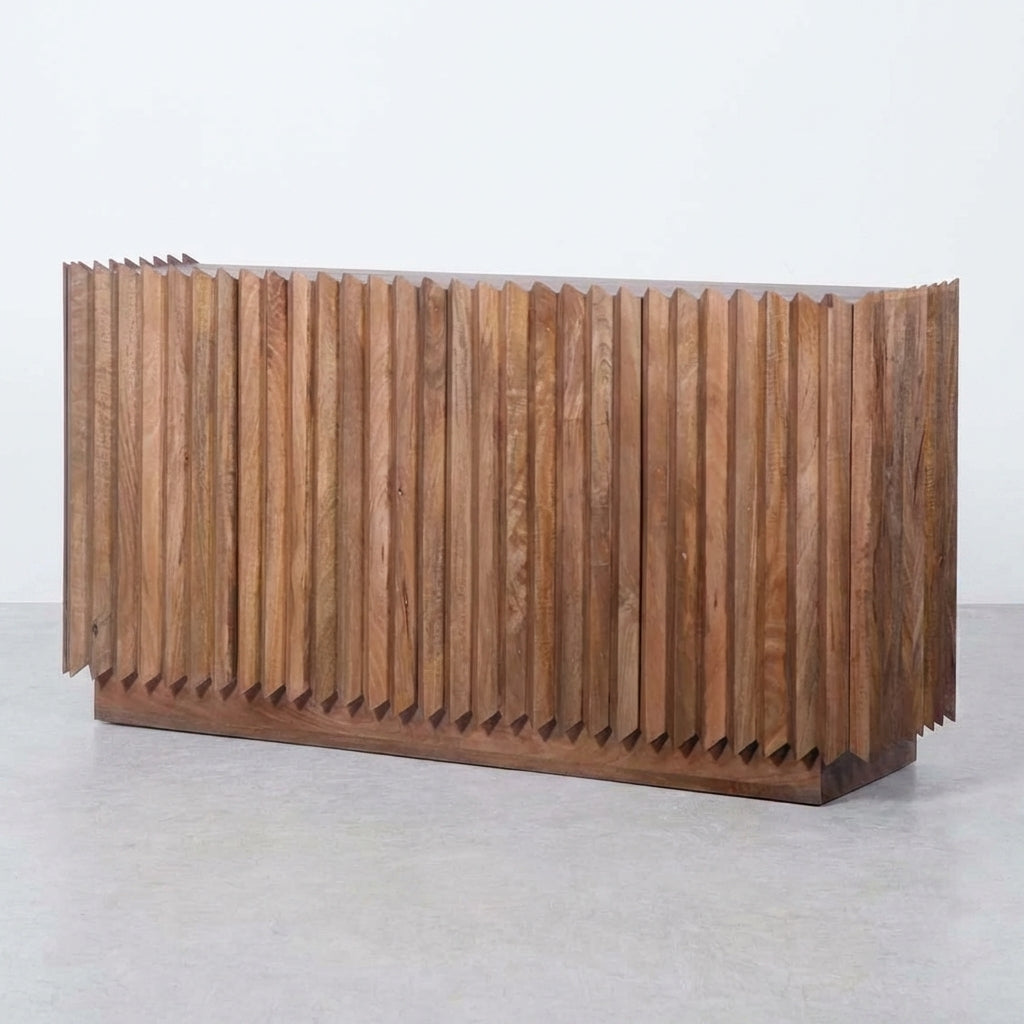 Geometric wooden sideboard with vertical ridges.