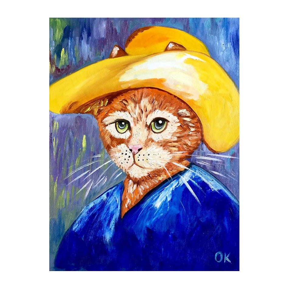 Picture of "Cat La Van Gogh in Straw Hat" Wood Block Art Print