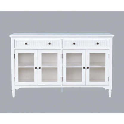 White wooden cabinet with four glass doors and two drawers.