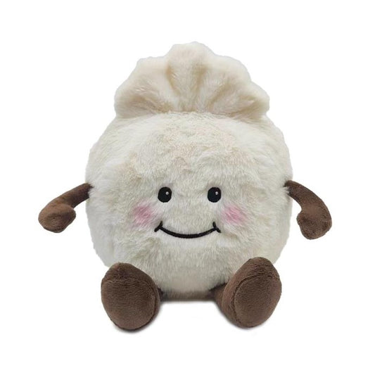 Cute stuffed dumpling toy with a smiling face.