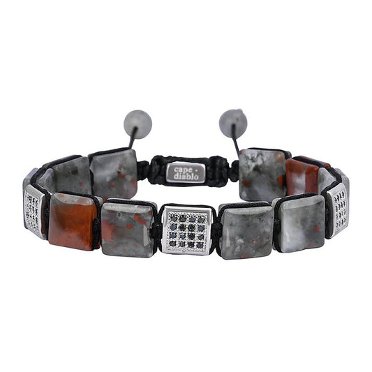 Square stone bracelet with a black cord, featuring red and gray patterned stones.