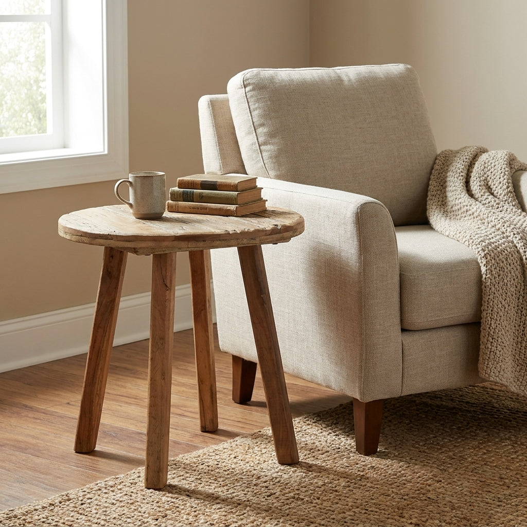 Round wooden table with three sturdy legs.