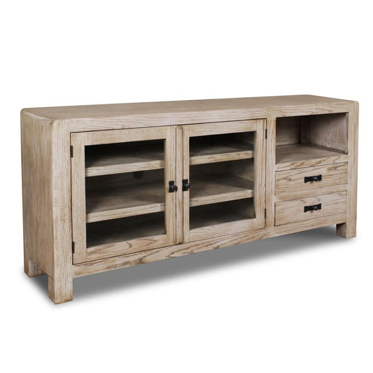 Wooden sideboard with glass doors, shelves, and drawers.