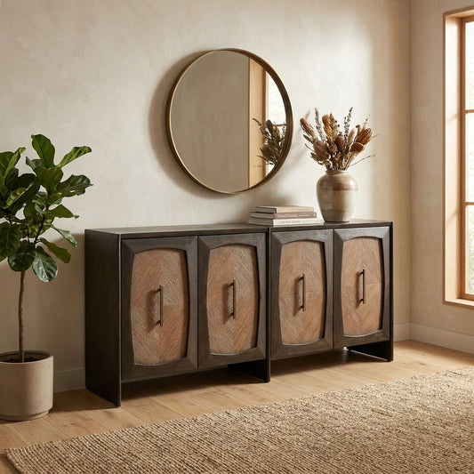 Wooden sideboard with geometric patterns and four doors.