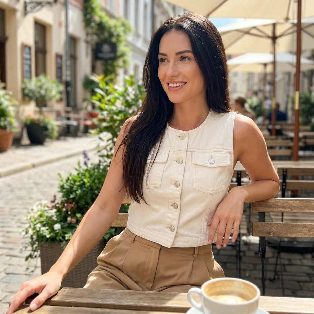 Woman smiling at a cafe table outdoors.
