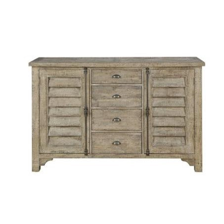 Wooden sideboard with four drawers and shutter-style cabinet doors.