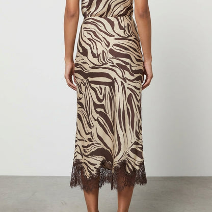 Brown zebra-print dress with lace hem, rear view.