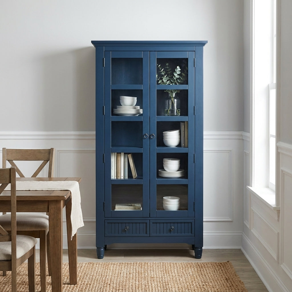 Dark blue cabinet with glass doors and multiple shelves.