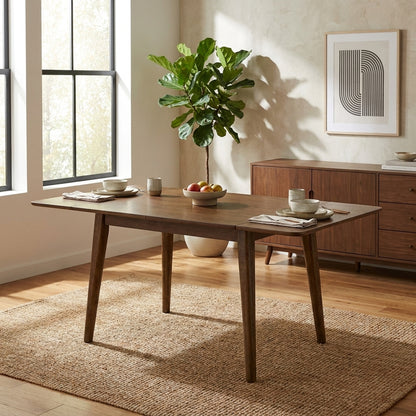 Modern dining room with wooden table, plants, and sunlight.